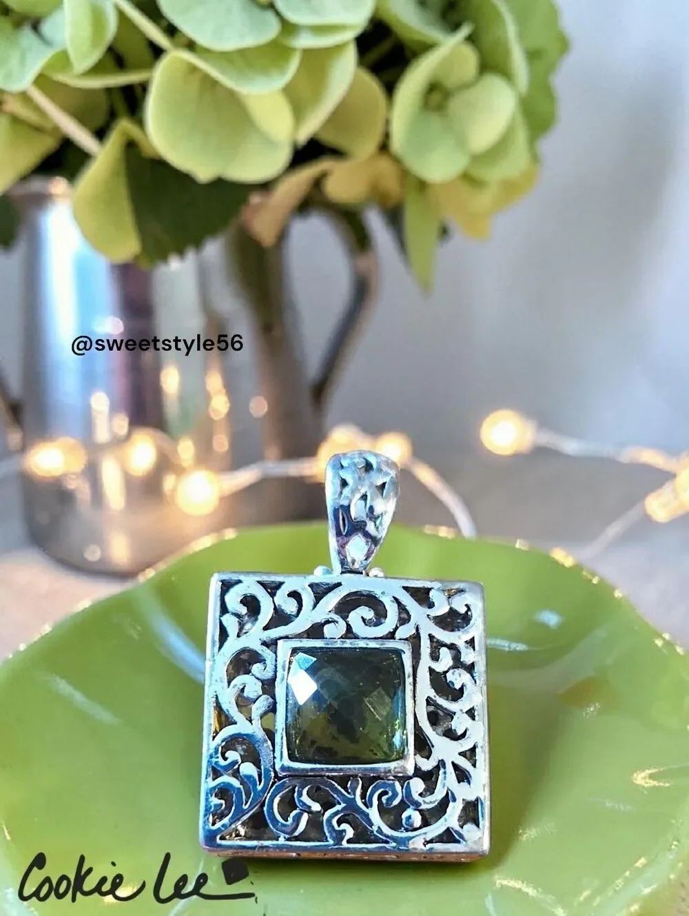 COOKIE LEE Vintage Silver Filigree And Peridot Colored Pendant